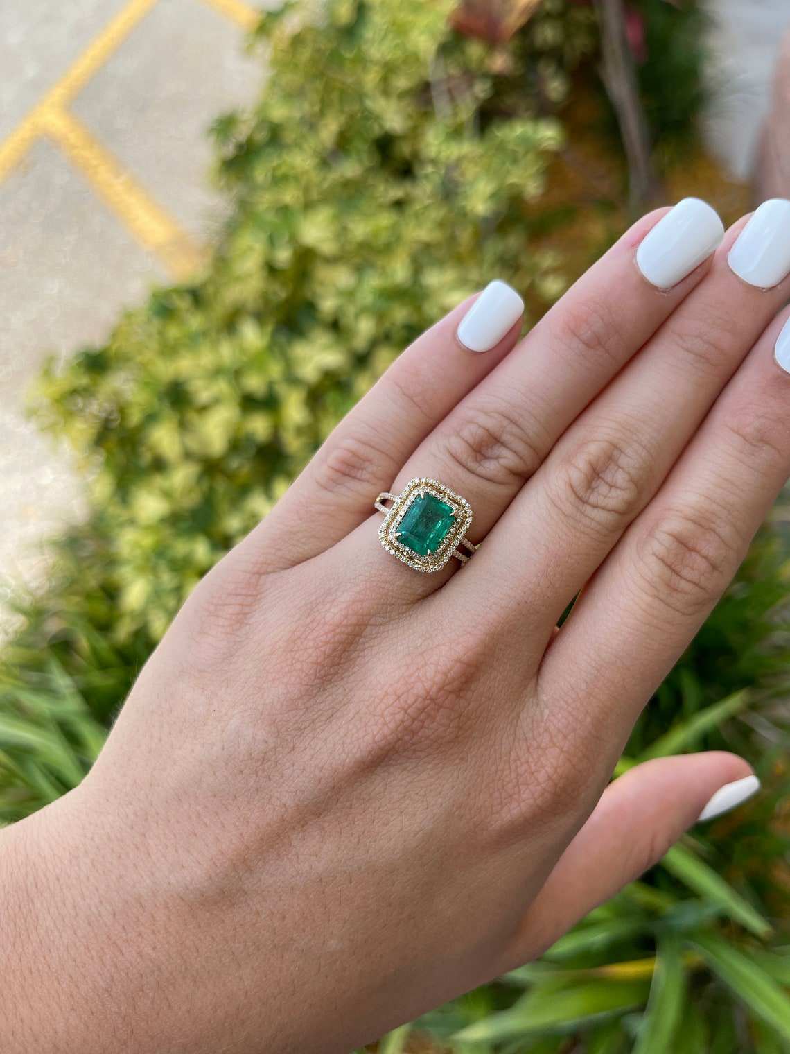 3.37tcw 14K Medium Green Real Emerald Cut & Diamond Double Halo Yellow