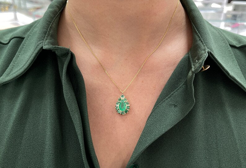 14K gold pendant necklace with 2.68tcw natural emeralds, pear and round cut multigemstones, Colombian Emerald brand.