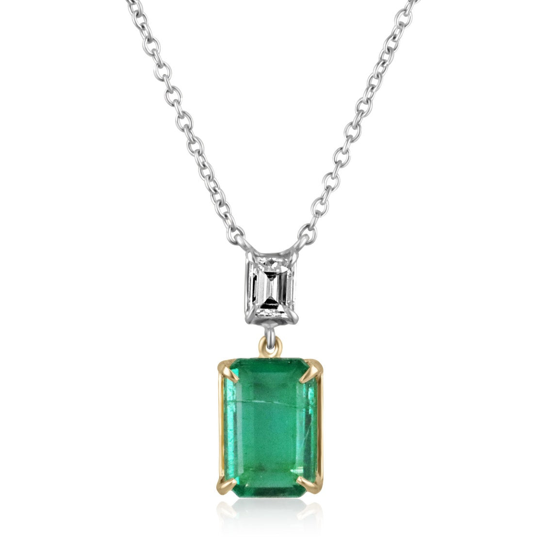 Genuine dark green emerald cut diamond pendant on two-toned gold necklace, Colombian Emerald jewelry, elegant and sparkling accessory.