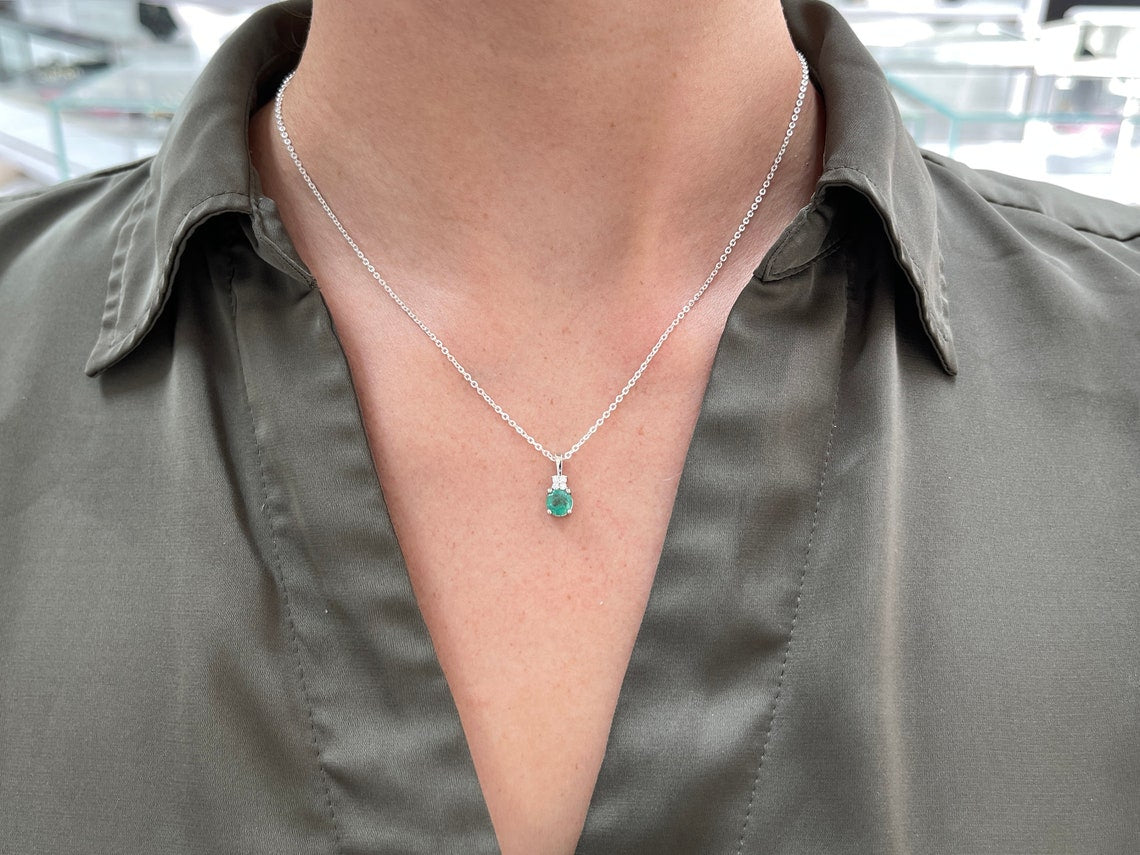 0.90tcw Petite Natural Emerald Round Cut Diamond Accent 14K White Pendant - JR Colombian Emeralds