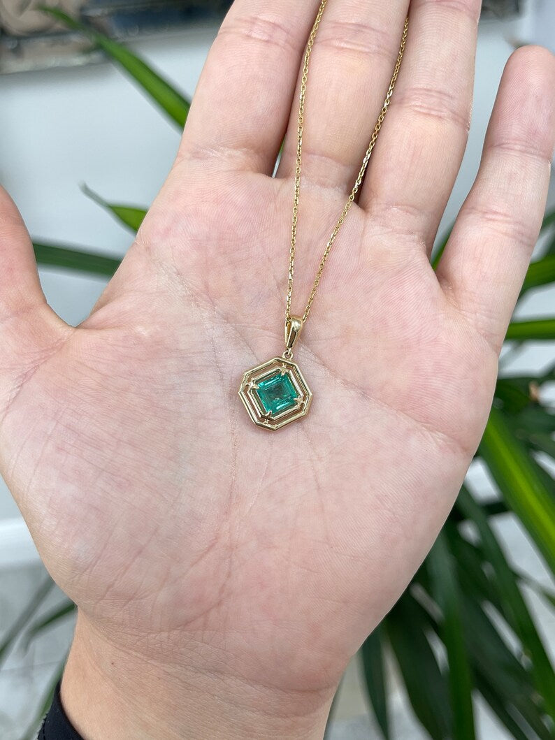 14K gold pendant with a 2.30ct natural emerald Asscher cut solitaire gemstone, unisex geometric design, Colombian Emerald brand