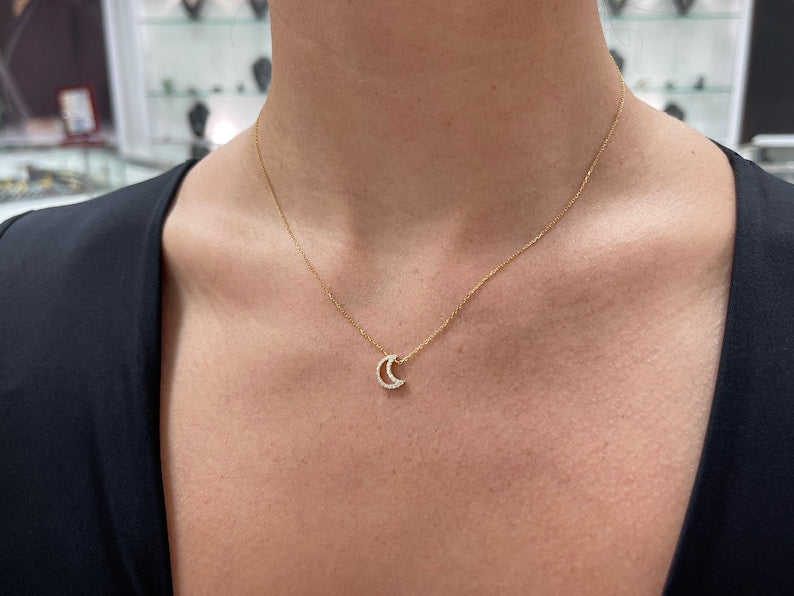 14K gold diamond moon crescent cable chain necklace with 0.20tcw natural diamonds, from Colombian Emerald jewelry collection.