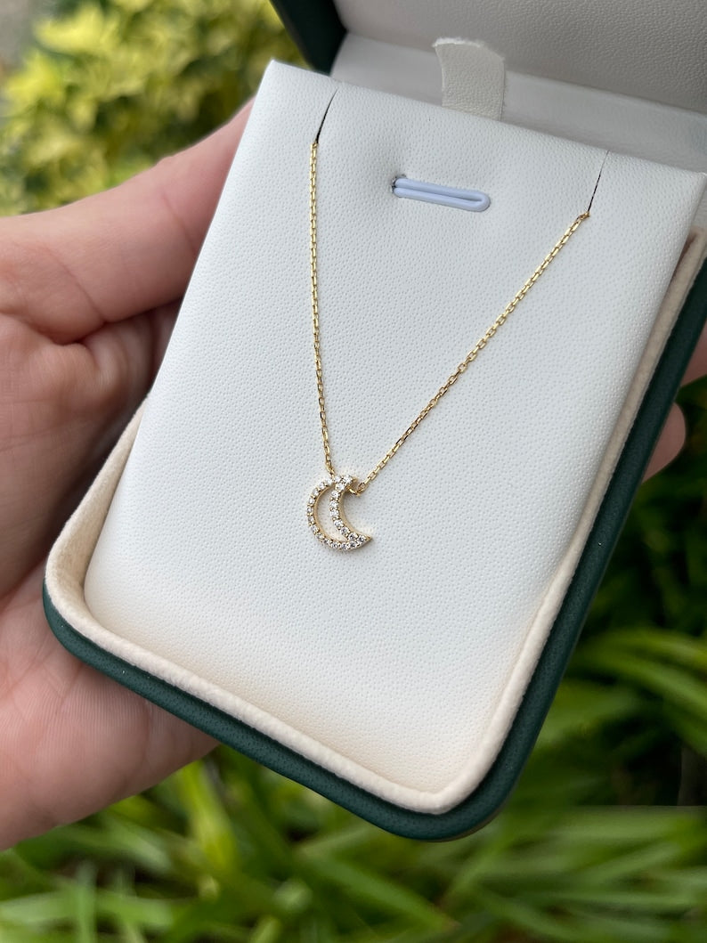 Natural diamond open moon crescent cable chain necklace with 0.20tcw diamonds in 14K gold by Colombian Emerald