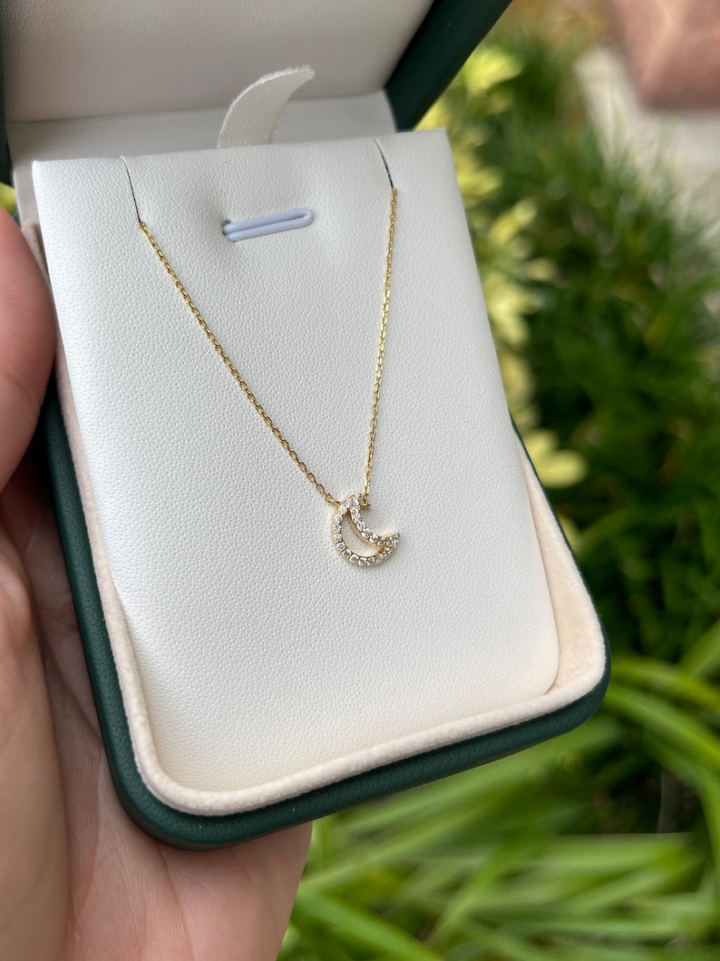 14K gold open moon crescent diamond cable chain necklace with 0.20tcw natural diamonds, from Colombian Emerald.