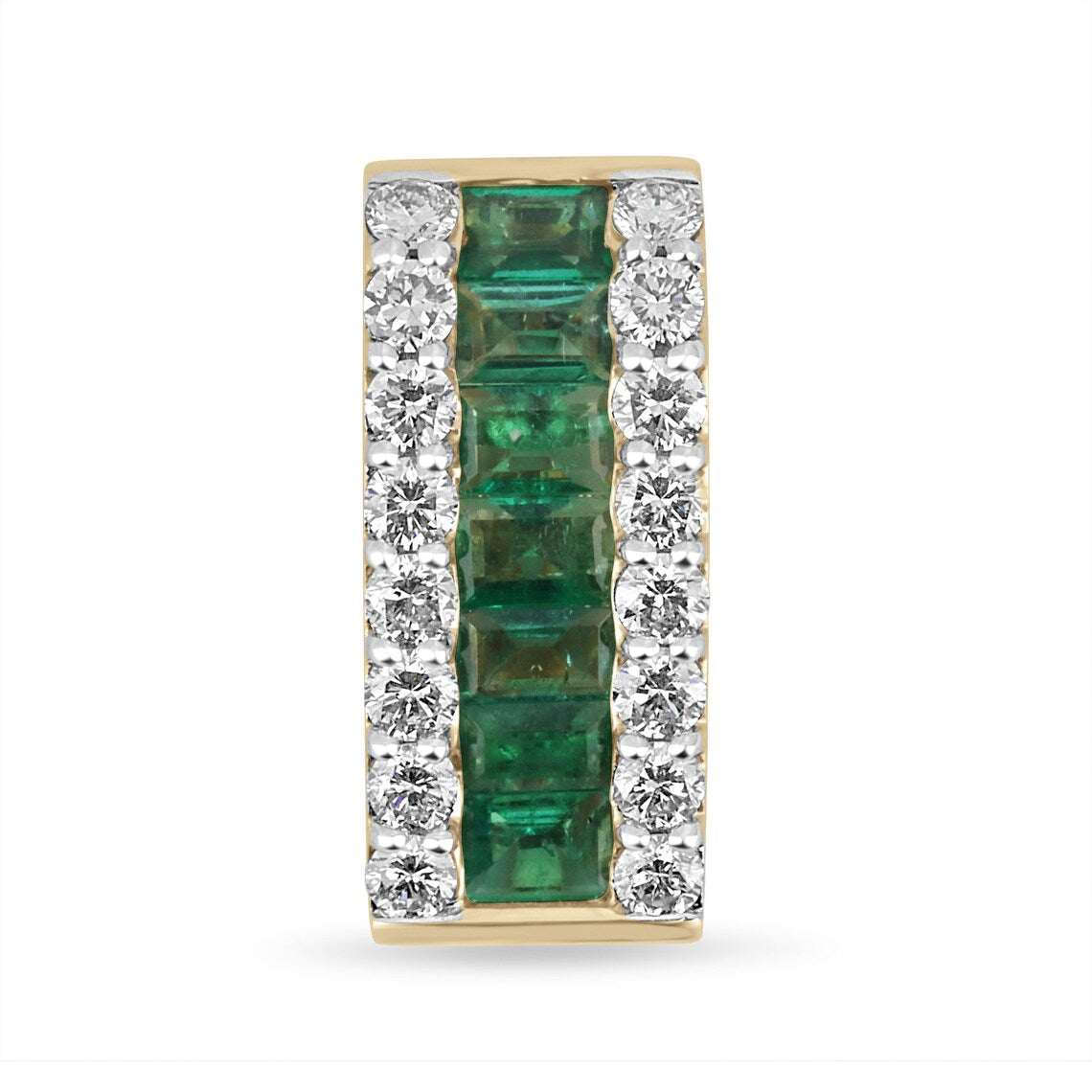 2.23tcw natural baguette channel set emerald and round diamond pendant in 14K yellow gold