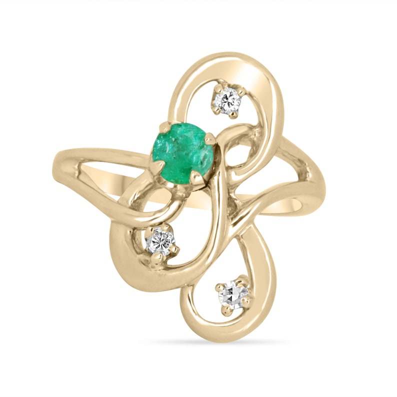 0.40tcw 14K Colombian emerald round cut and diamond floral cluster ring in yellow gold.