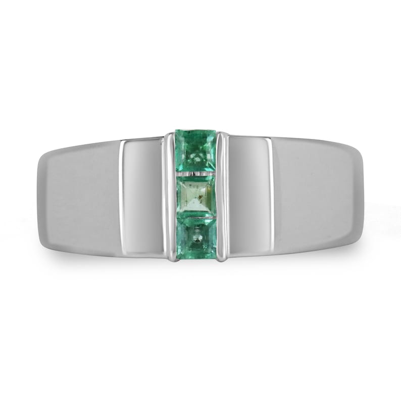 0.45tcw 3 stone medium green emerald sterling silver men's ring with Asscher cut stones