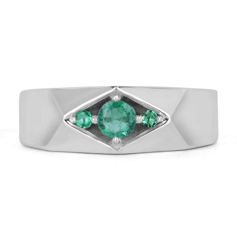 0.55tcw 3 stone geometric emerald men's silver wedding band ring with round cut emeralds