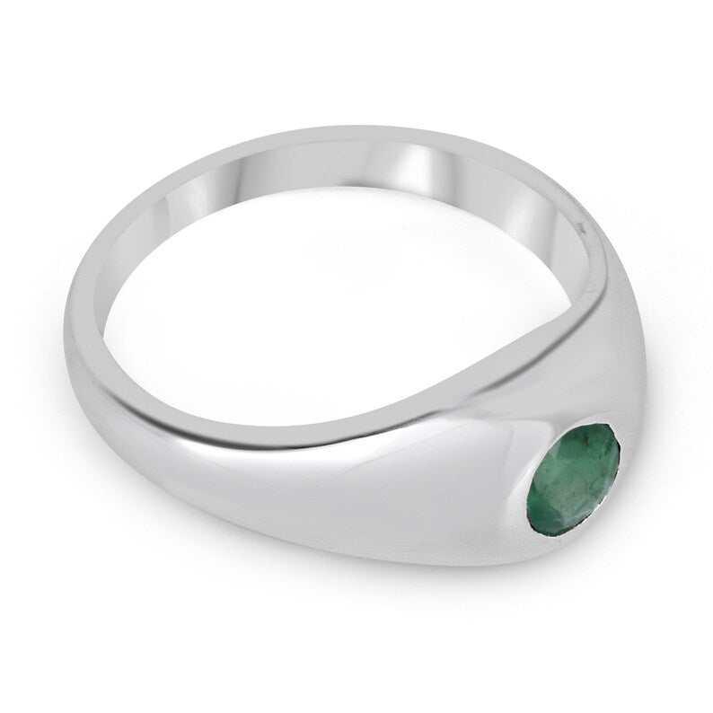 Sterling silver men's pinky ring with a 0.60ct round cut emerald solitaire, unisex Colombian Emerald jewelry.