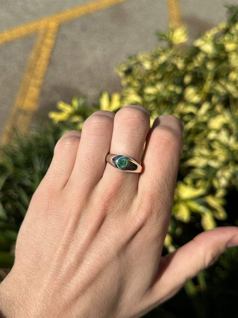 Sterling silver men's pinky ring with 0.60ct round cut emerald solitaire from Colombian Emerald, unisex jewelry.
