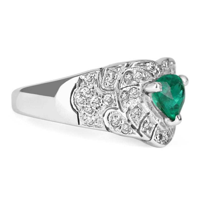 14K Colombian Emerald and diamond cluster statement ring with trilliant cut emeralds and sparkling accents, showcasing elegant jewelry design.