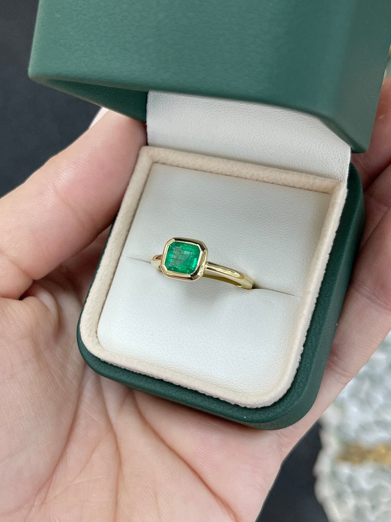 1.20ct 18K Gold Natural Emerald Cut Solitaire Bezel Engagement Ring - JR Colombian Emeralds