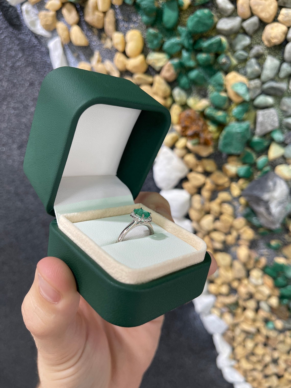 Natural emerald cut engagement ring with diamond halo, 14K gold, by Colombian Emerald, featuring a 1.21-carat center stone.