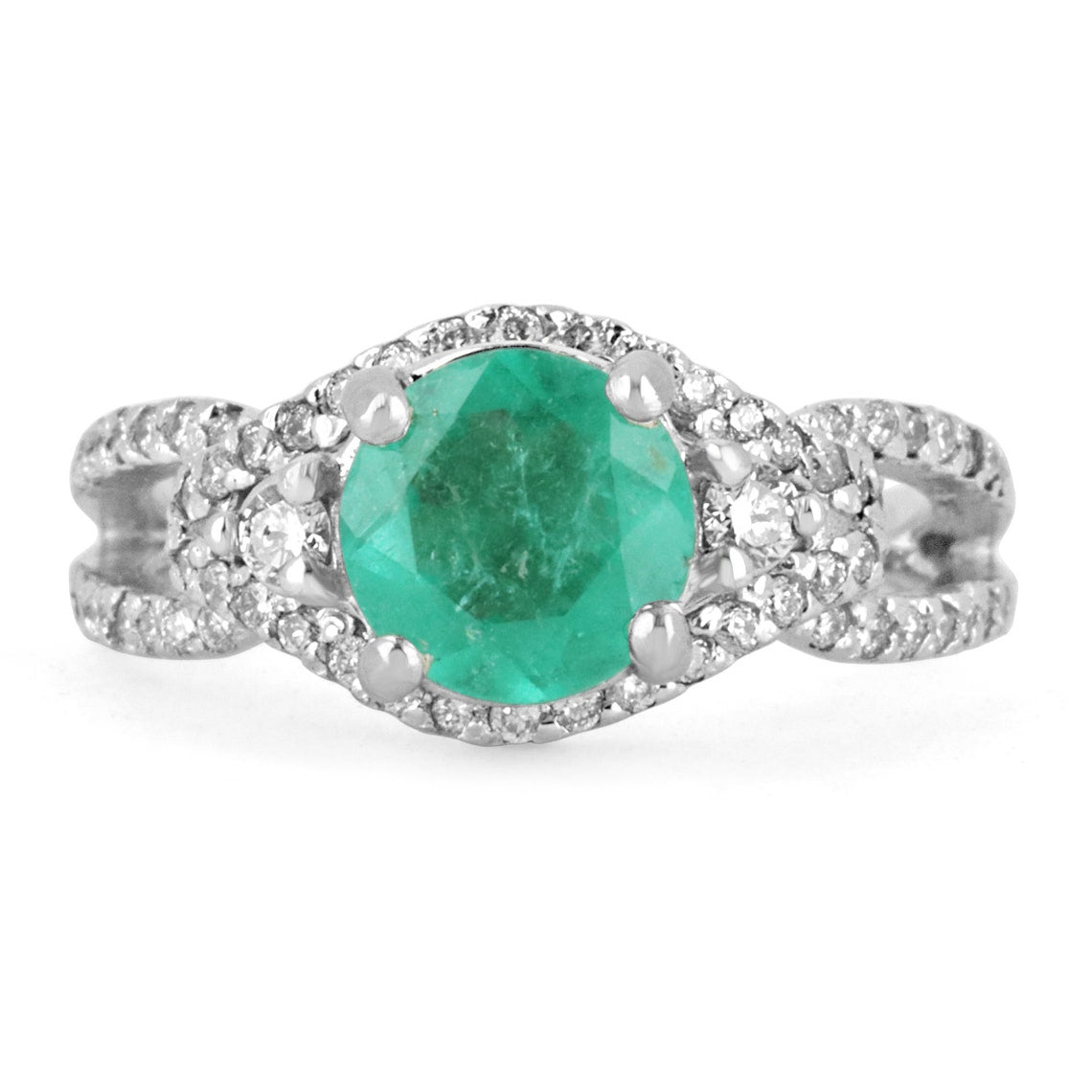 Round Colombian emerald and diamond halo engagement ring in 14K gold, featuring a 1.57-carat total weight, elegant and luxurious.