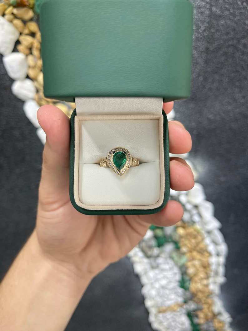 1.86tcw 14K Natural Emerald Pear Cut Floral Design Diamond Ring