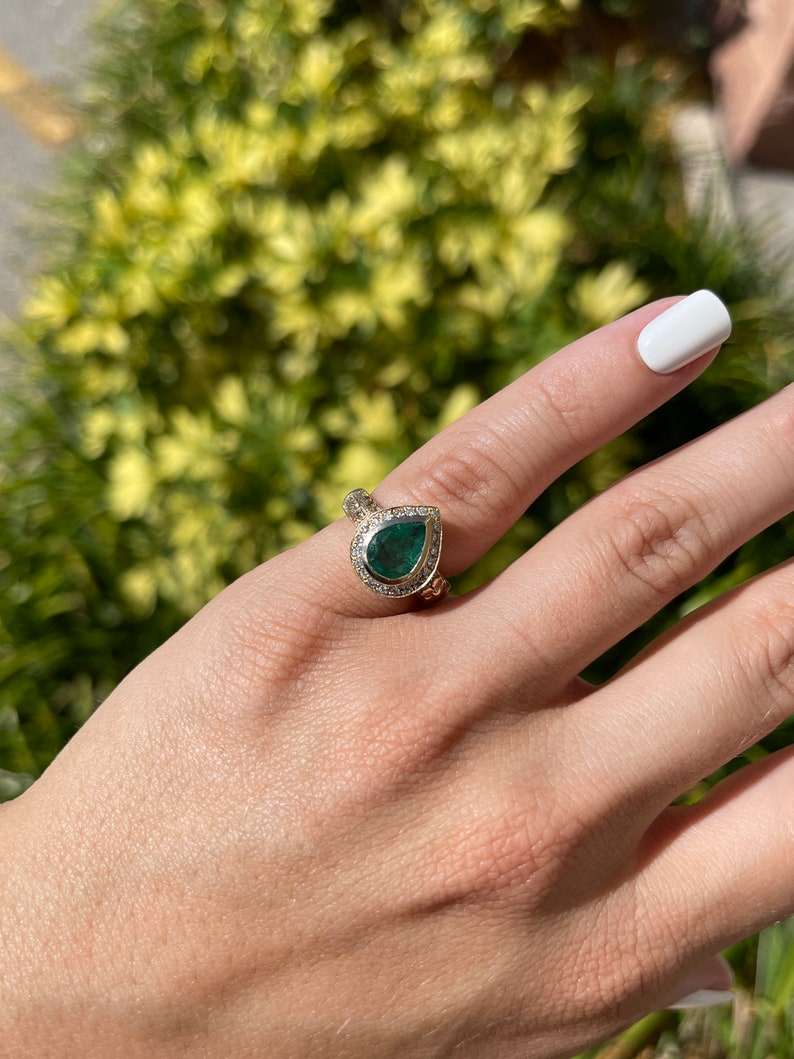 1.86tcw 14K Natural Emerald Pear Cut Floral Design Diamond Ring