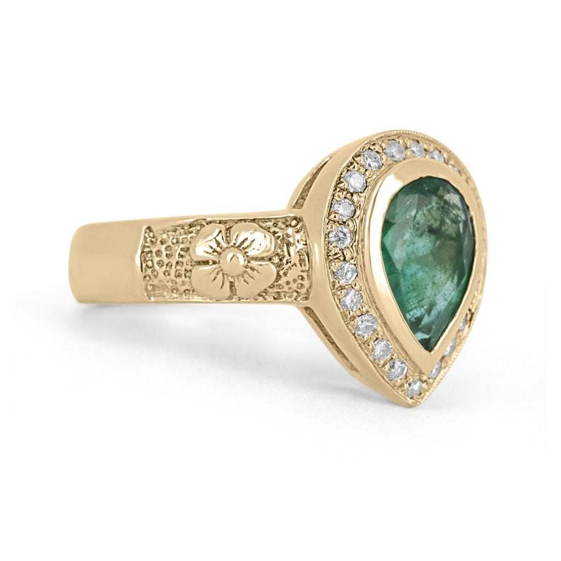 1.86tcw 14K Natural Emerald Pear Cut Floral Design Diamond Ring