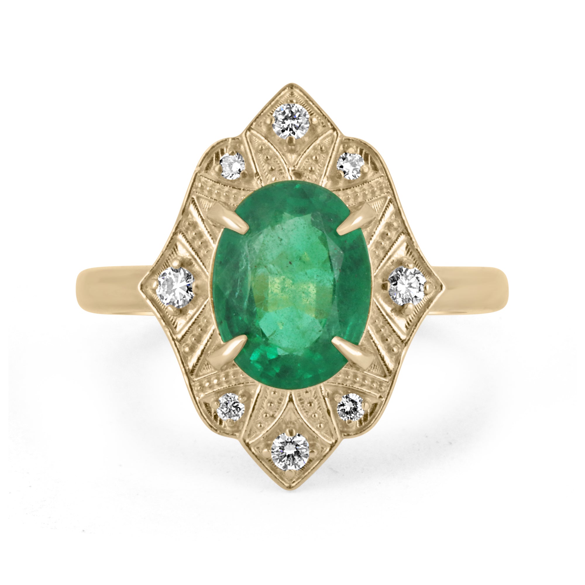2.02tcw 18K gold vintage ring with oval cut natural emerald and diamond accents