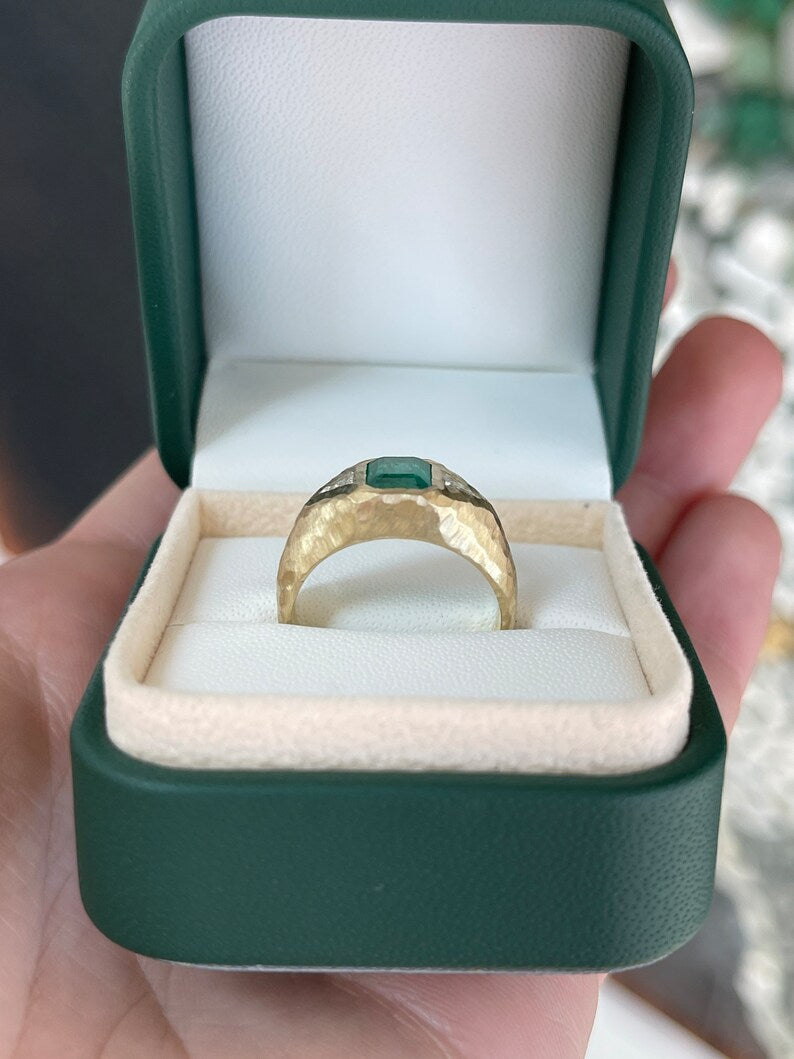 14K gold 3 stone emerald and trillion cut diamond gypsy ring with vertical top design, featuring natural green gemstones and sparkling diamonds.