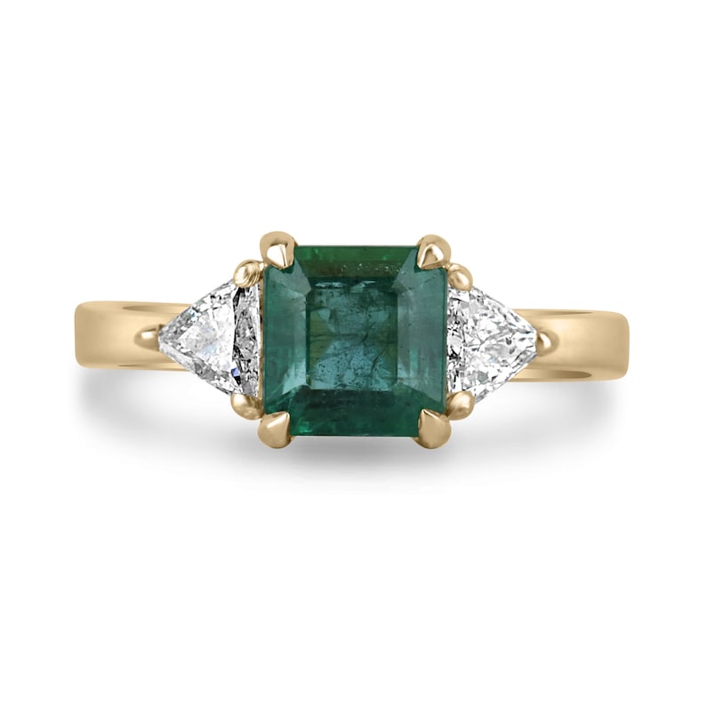 14K gold 3-stone engagement ring with lush green asscher emerald and diamond trillion accents, crafted by Colombian Emerald.