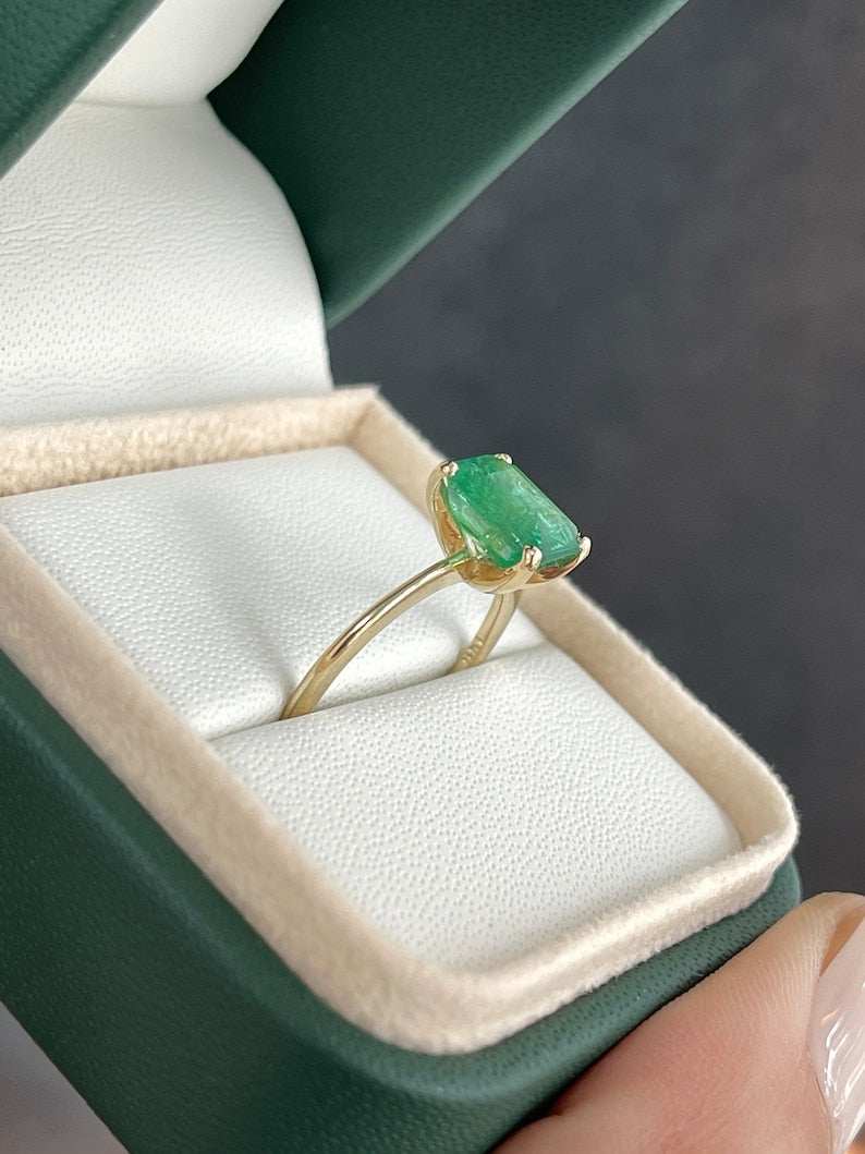 14K gold solitaire ring with 2.10cts natural Colombian emerald, 4-prong setting, right hand ring, elegant jewelry piece