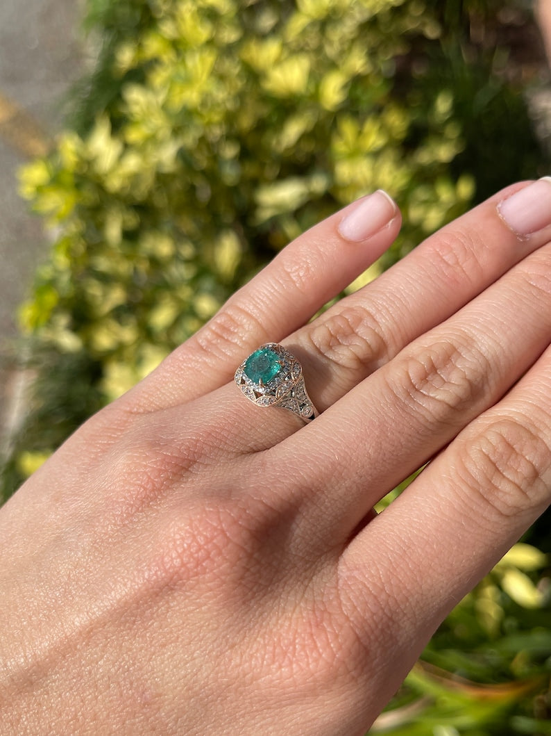 Emerald deep ocean green cushion cut engagement ring with diamond accents in 14K gold by Colombian Emerald.