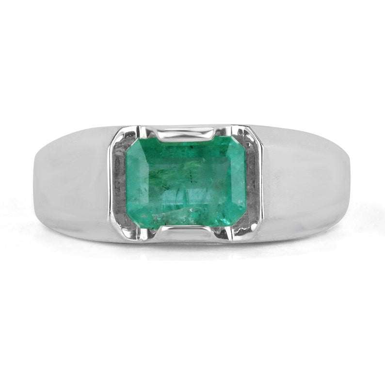 Men's tension set ring with a 2.40ct emerald cut from Zambia in sterling silver.