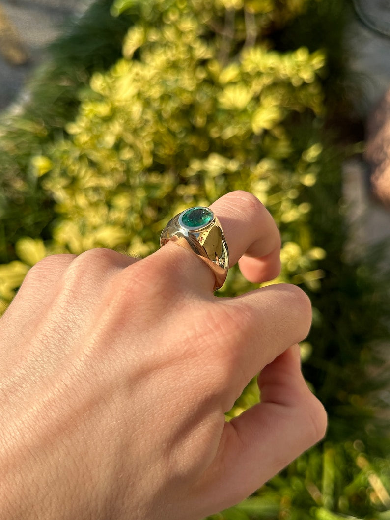 2.60ct 14K Large Chunky Men's Solitaire Oval Cut Natural Medium Dark Green Emerald Statement Ring - JR Colombian Emeralds