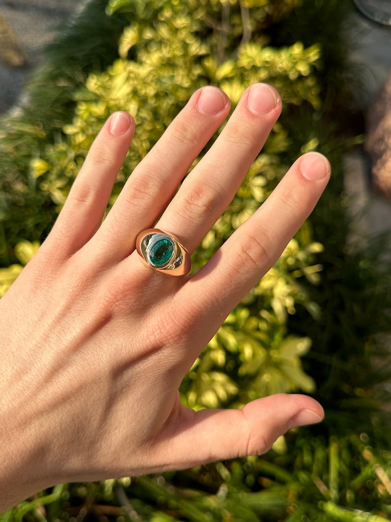 2.60ct 14K Large Chunky Men's Solitaire Oval Cut Natural Medium Dark Green Emerald Statement Ring - JR Colombian Emeralds