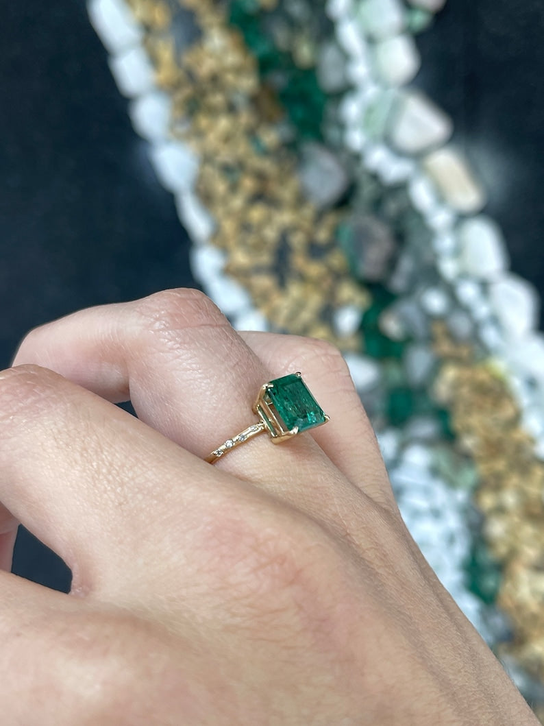 Dark emerald and diamond accent engagement ring featuring 14K gold with 2.68tcw Colombian Emerald brand, detailed gemstone setting