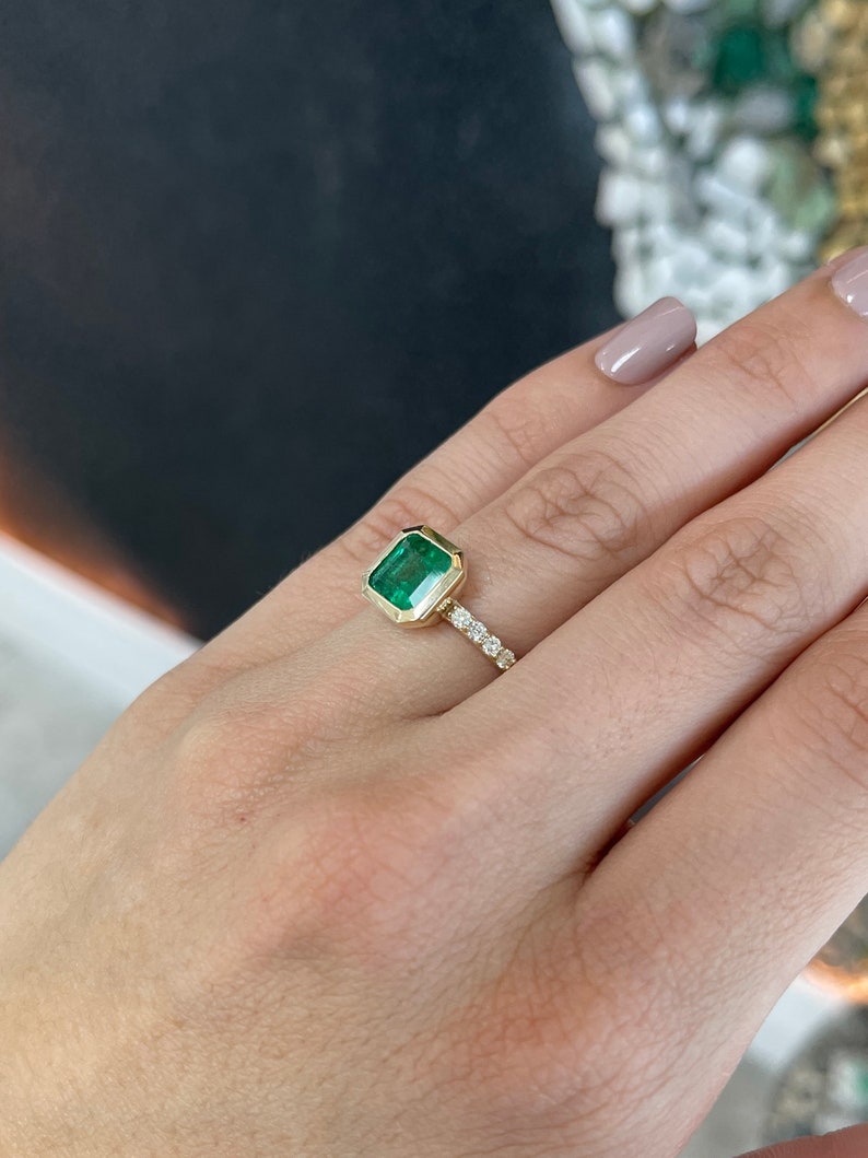 14K gold square emerald bezel set Asscher cut ring with diamond accents, Colombian Emerald brand, right hand solitaire jewelry
