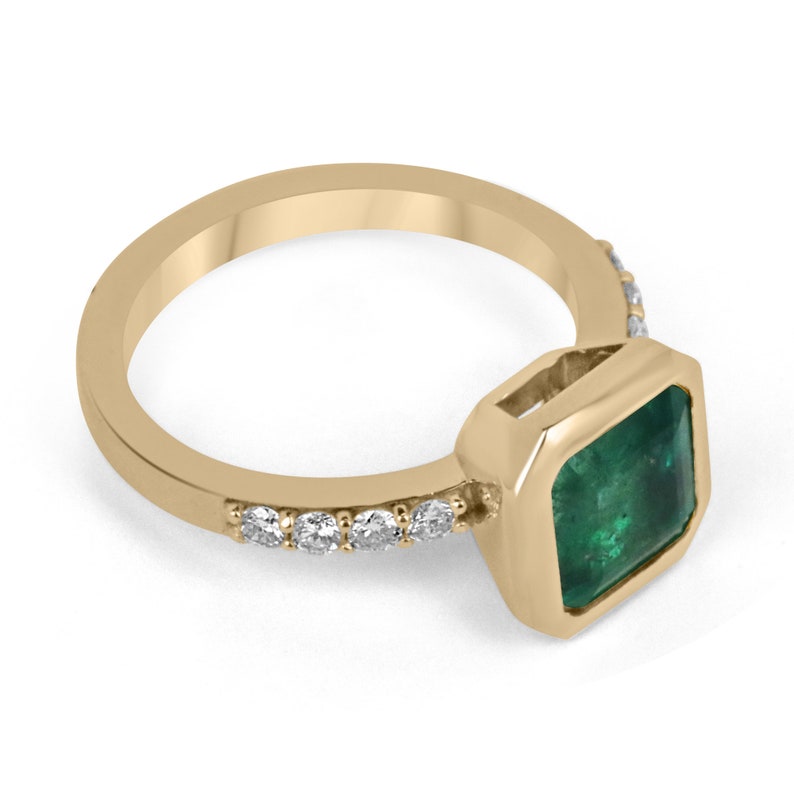 14K gold square emerald bezel set Asscher cut ring with diamond accents, Colombian Emerald brand, right hand solitaire ring.