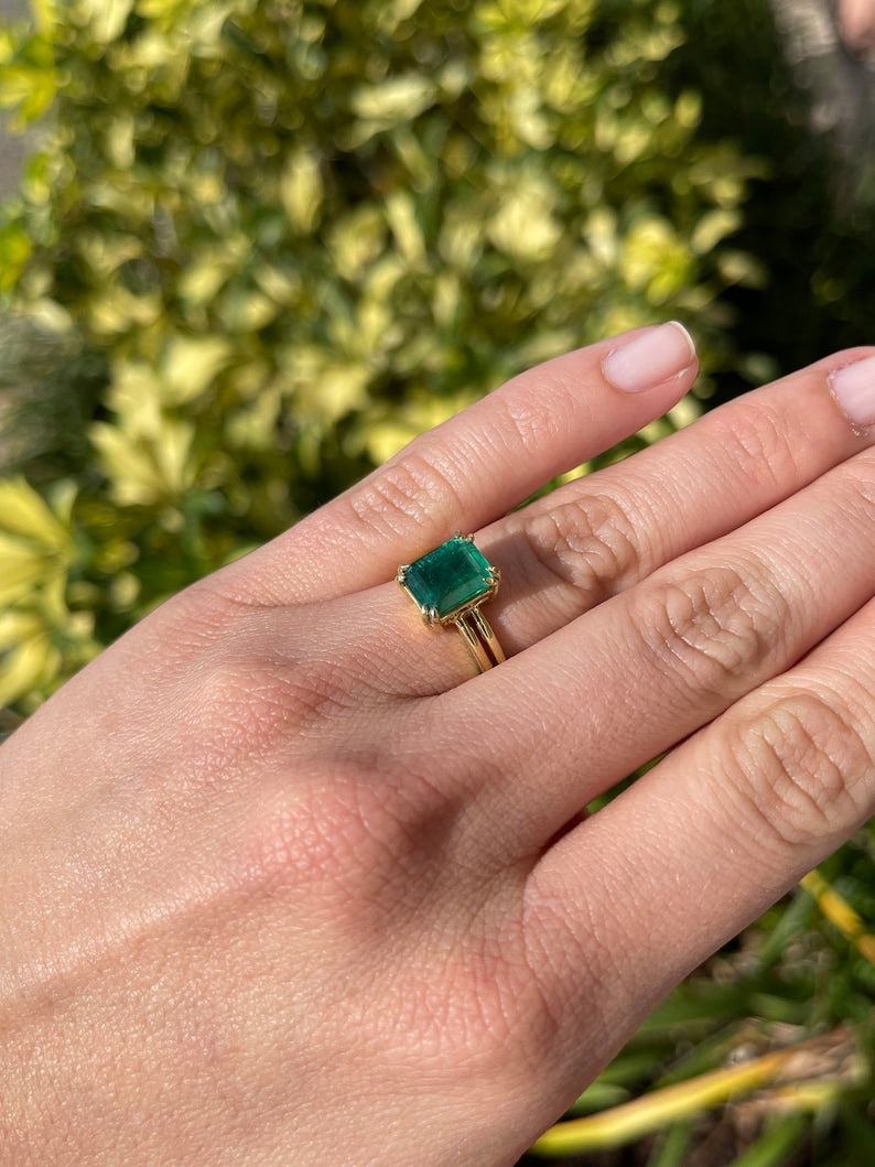 Colombian Emerald 3.28ct deep dark green emerald cut solitaire gold ring with 4 double prong setting on 18K gold band