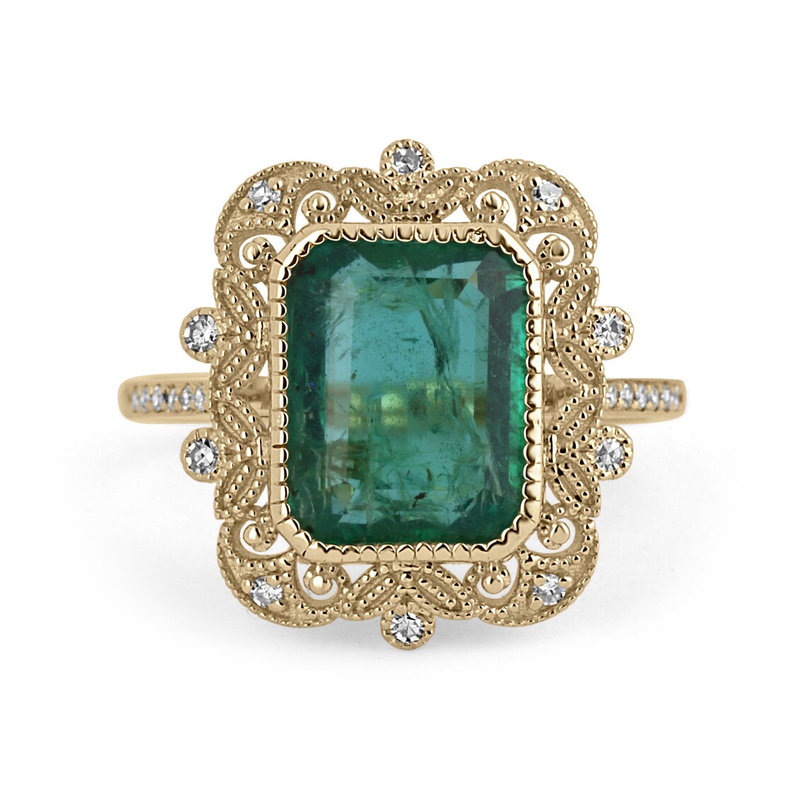 14K yellow gold vintage-style ring with 3.10 ct natural emerald cut emerald and diamond accents