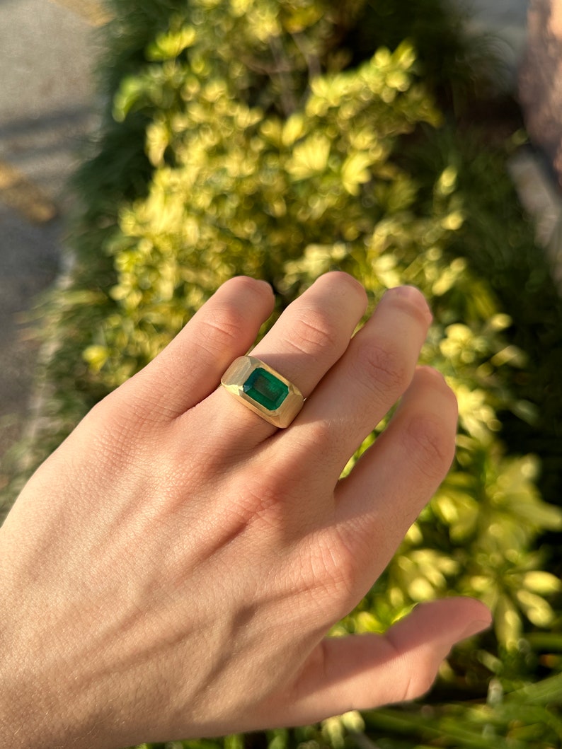 3.54ct 18K Large Dark Vivid Green Emerald Solitaire Men's Gold Satin Finish Gypsy Ring - JR Colombian Emeralds
