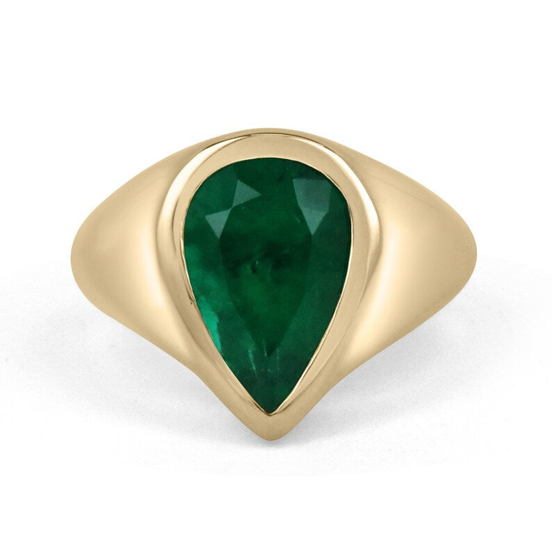 3.55 carat Colombian emerald bezel teardrop ring in 18K yellow gold solitaire setting