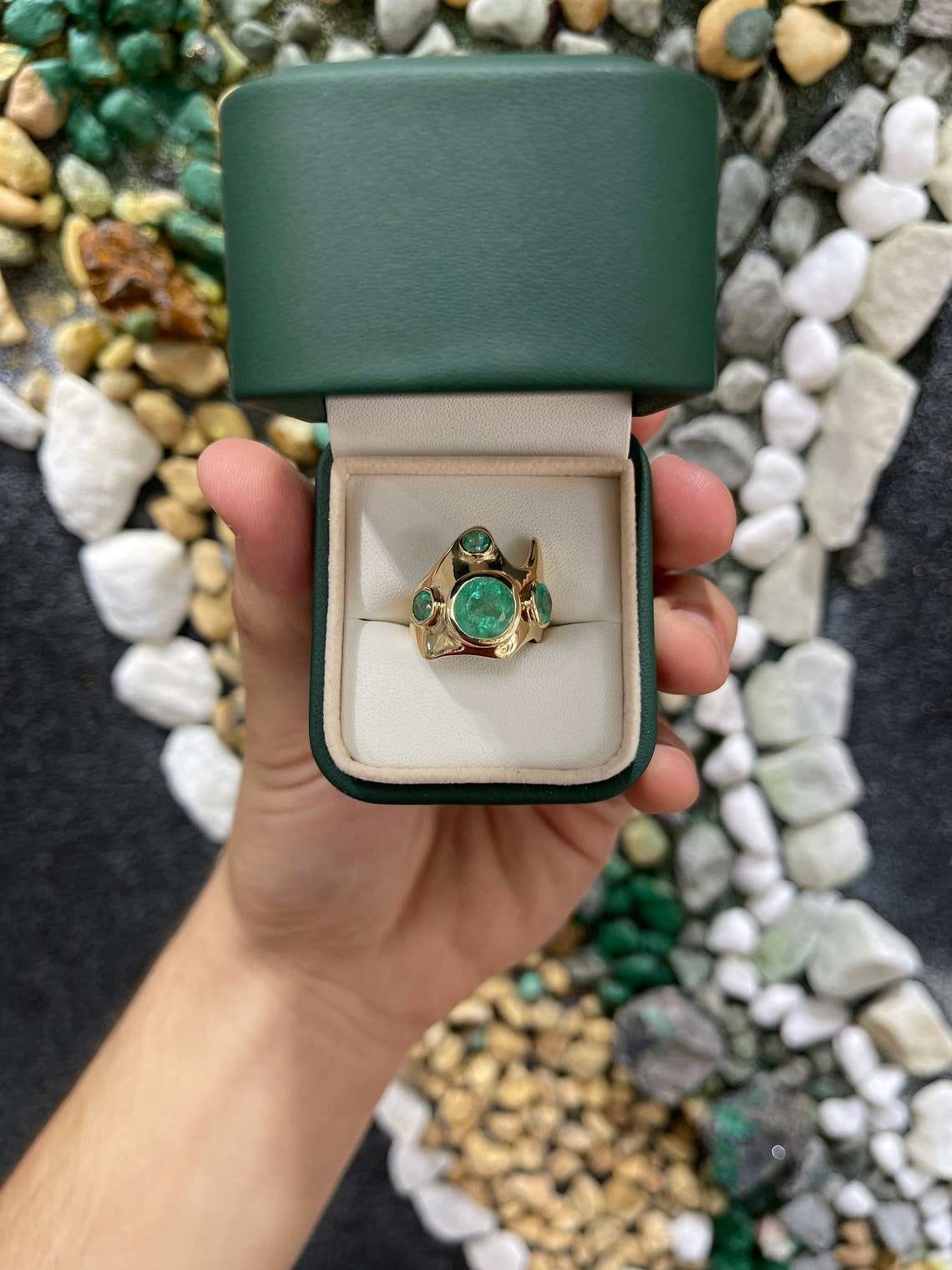 3.59tcw Colombian Emerald-Round Cut Chunky Bezel Set Irregular 14K Yellow Gold Ring - JR Colombian Emeralds