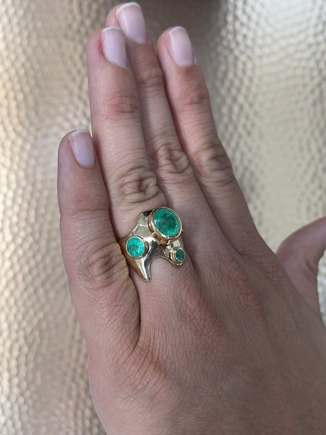 3.59tcw Colombian Emerald-Round Cut Chunky Bezel Set Irregular 14K Yellow Gold Ring - JR Colombian Emeralds