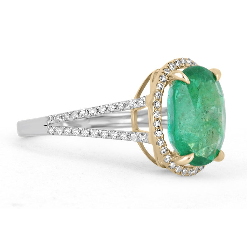 14K natural emerald oval engagement ring with diamond halo and split shank, featuring 4.19 carats, by Colombian Emerald.