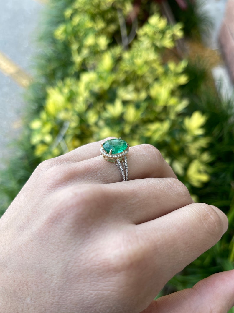 14K natural emerald oval engagement ring with diamond halo and split shank design by Colombian Emerald