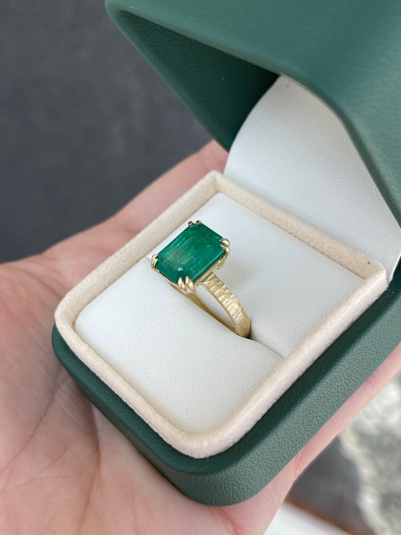 Colombian Emerald 4.45ct 18K matte hammered gold double claw prong ring with dark green rustic emerald cut solitaire gemstone