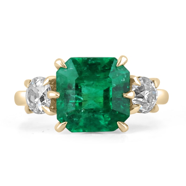 Vintage style Colombian Emerald and OEC Diamond ring with 4.58tcw GIA certification, set in 18K gold.