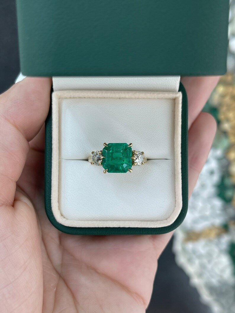 Vintage style Colombian Emerald and OEC diamond ring featuring 4.58tcw GIA certified natural emerald and diamonds in 18K setting