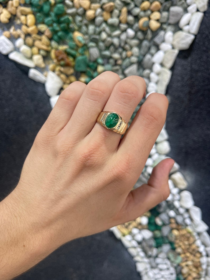 Natural Emerald Cabochon Oval Cut Diamond Accent Mens Ring on Hand