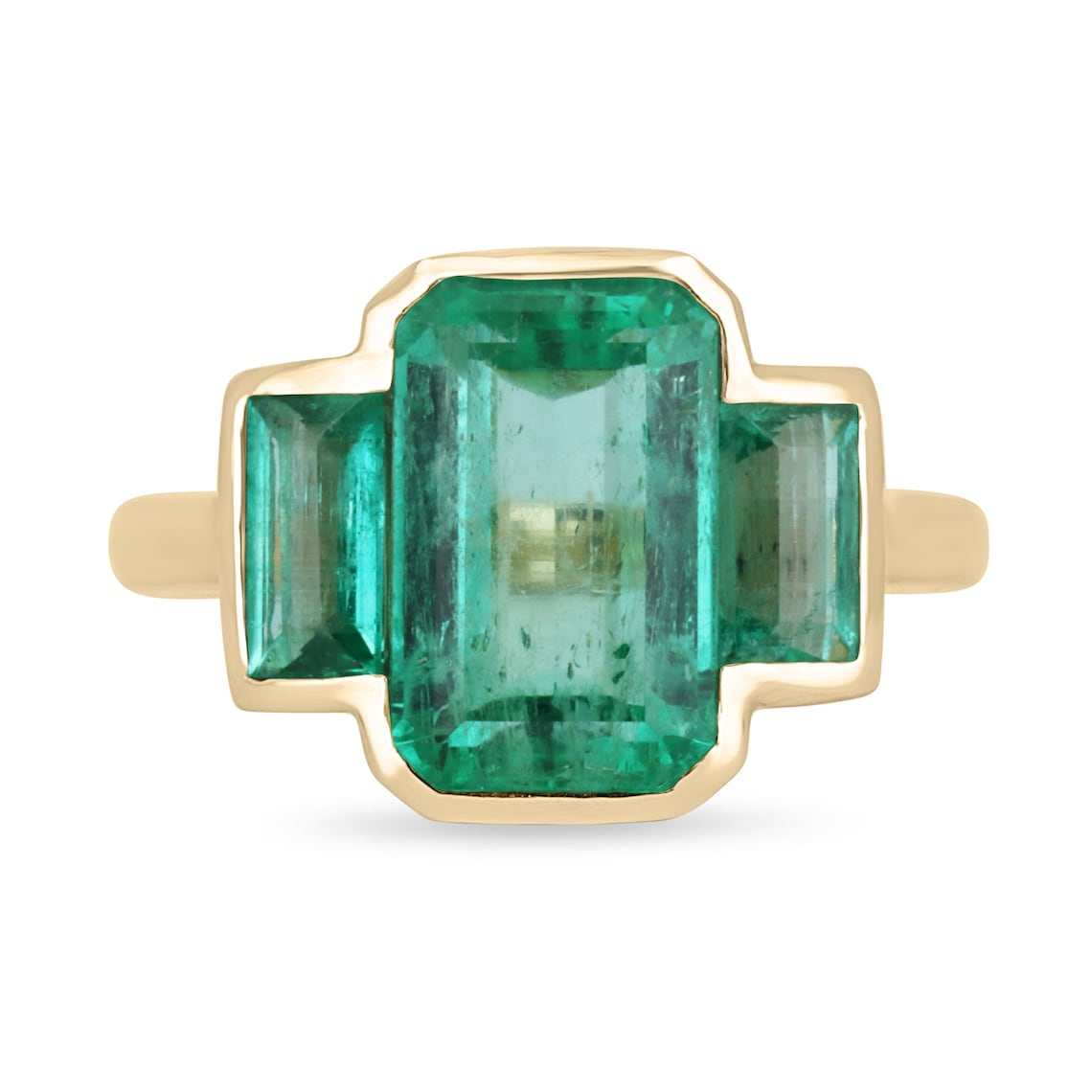 5.13tcw Three Stone Emerald Yellow Gold Ring 18K - JR Colombian Emeralds