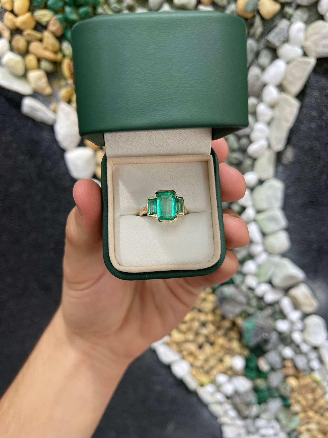5.13tcw Three Stone Muzo Colombian Emerald Yellow Gold Ring 18K