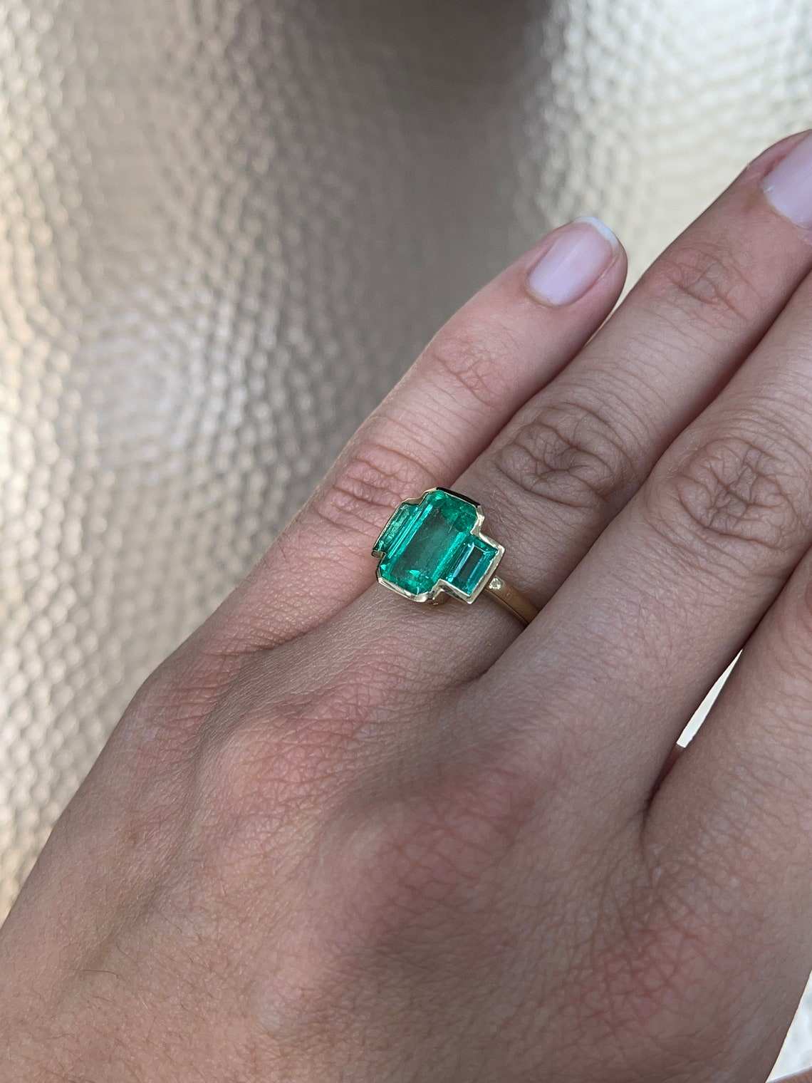 5.13tcw Three Stone Muzo Colombian Emerald Yellow Gold Ring 18K