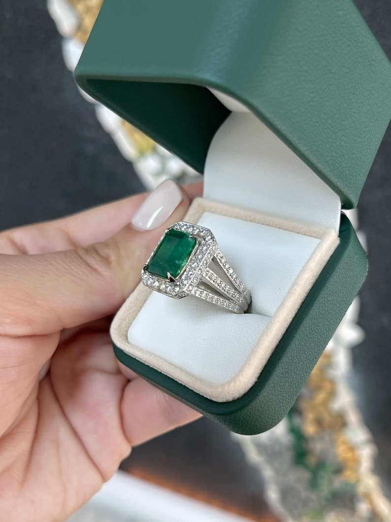 6.25tcw Fine Quality Dark Green Emerald Cocktail Diamond Halo Engagement Ring - JR Colombian Emeralds