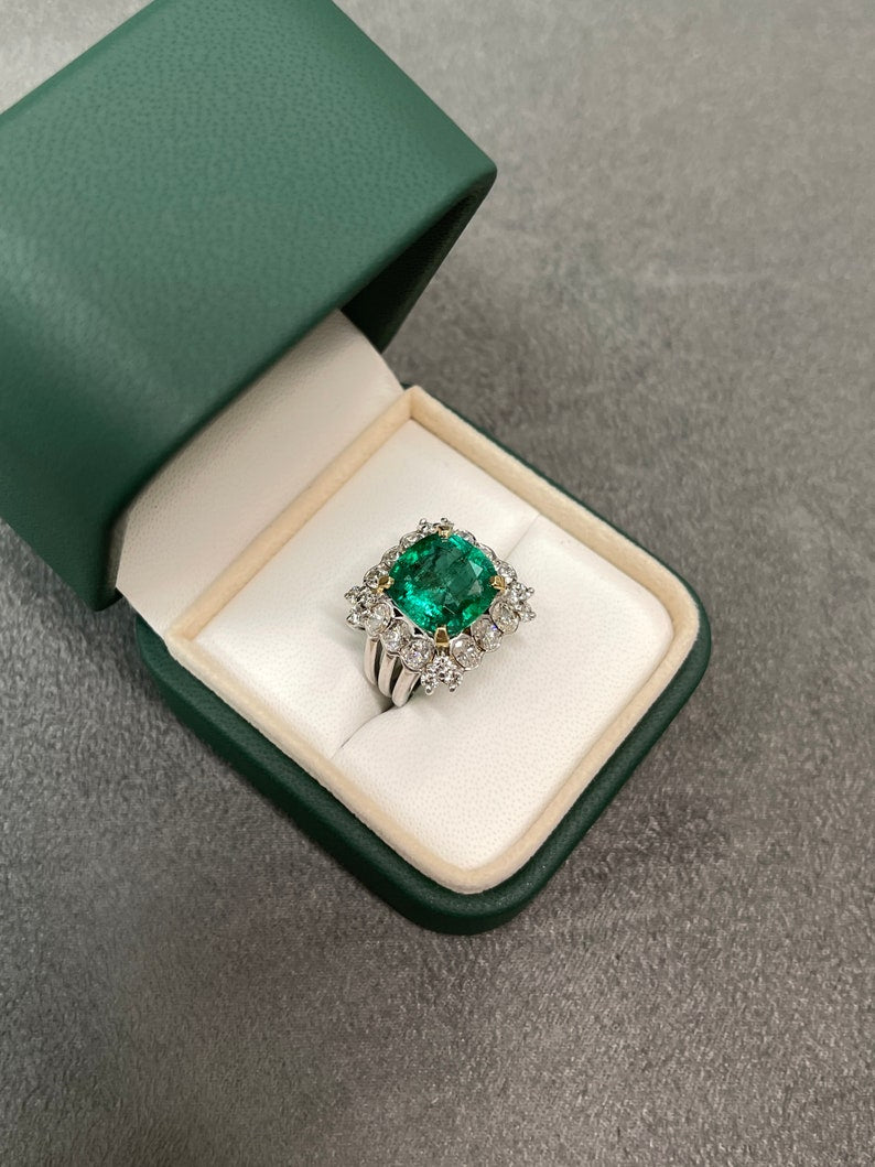 18K Colombian Emerald and diamond cocktail ring with cushion and round cut stones, semi-transparent design, jewelry ring.