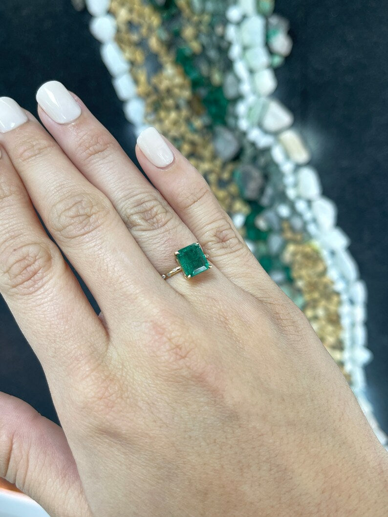 14K Colombian Emerald engagement ring with 2.68tcw dark emerald center stone and diamond accents, elegant and sparkling jewelry piece.